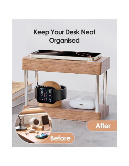 Estación de Carga Inalámbrica de Bambú 4 en 1 con Luz Nocturna