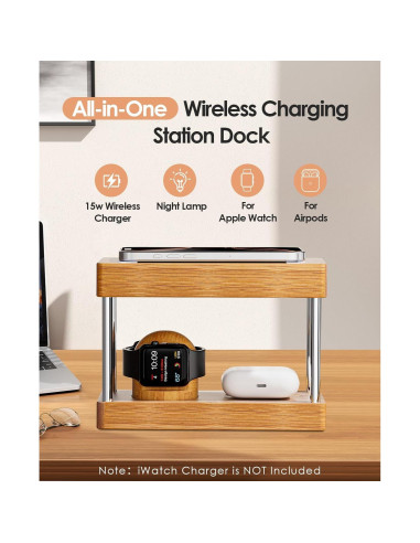 Estación de Carga Inalámbrica de Bambú 4 en 1 con Luz Nocturna