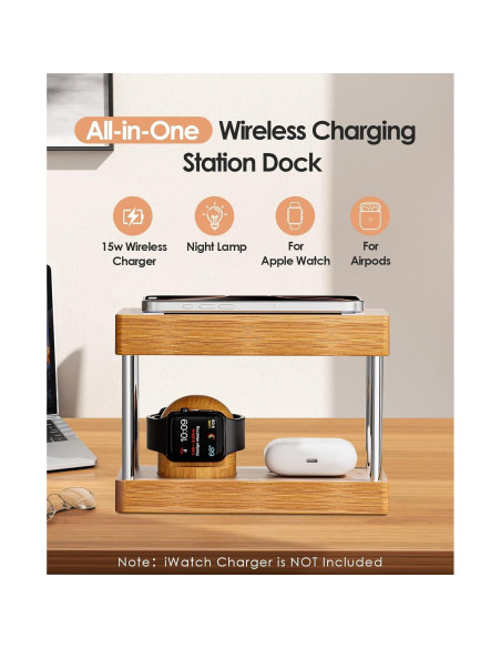 Estación de Carga Inalámbrica de Bambú 4 en 1 con Luz Nocturna