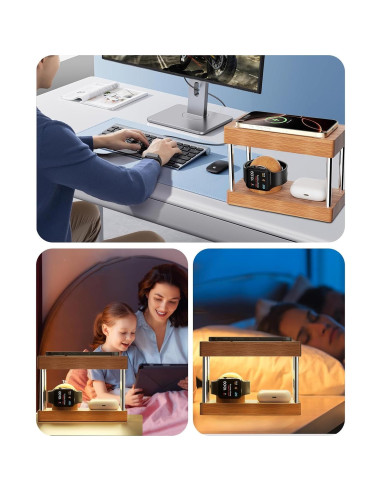 Estación de Carga Inalámbrica de Bambú 4 en 1 con Luz Nocturna