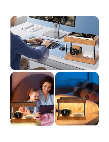 Estación de Carga Inalámbrica de Bambú 4 en 1 con Luz Nocturna