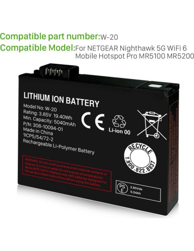 Batería de Reemplazo SHENMZ W-20 5040mAh para NETGEAR Nighthawk 5G