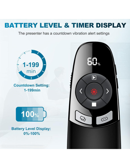Clicker Inalámbrico para Presentaciones PowerPoint con Puntero Láser Rojo y Temporizador