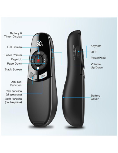 Clicker Inalámbrico para Presentaciones PowerPoint con Puntero Láser Rojo y Temporizador