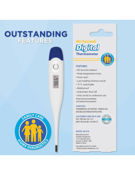 Termómetro Digital Veridian 08-918 | Lectura 60 Segundos | Alerta de Fiebre