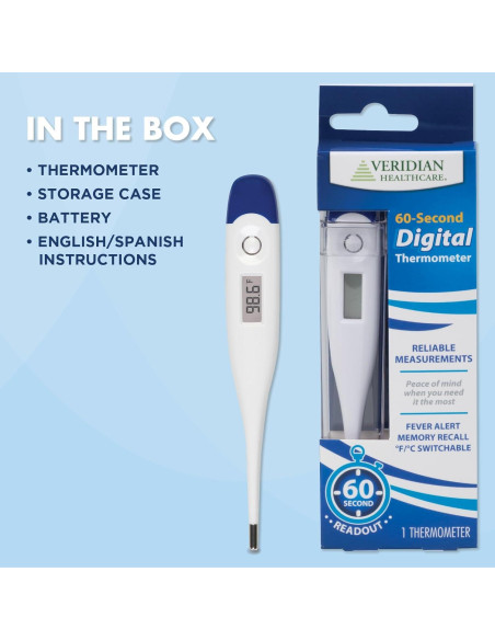 Termómetro Digital Veridian 08-918 | Lectura 60 Segundos | Alerta de Fiebre