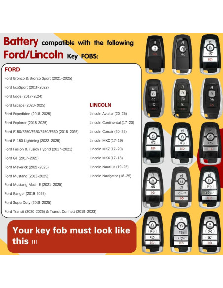 Batería de Reemplazo CR2450 para Llavero Ford Lincoln 2017-2025