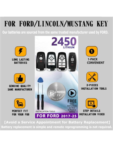 Batería de Reemplazo CR2450 para Llavero Ford Lincoln 2017-2025