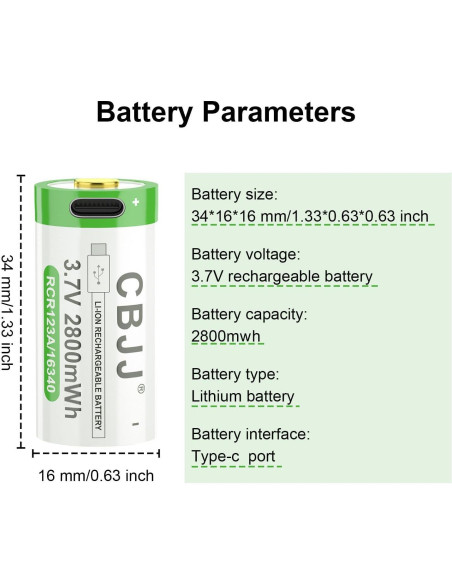 Batería Recargable 16340 USB Tipo C 3.7V 2800mWh 2Pack