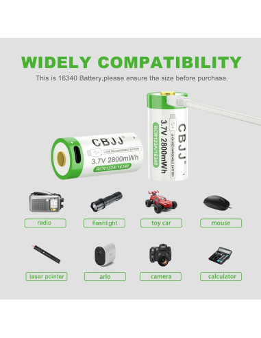 Batería Recargable 16340 USB Tipo C 3.7V 2800mWh 2Pack