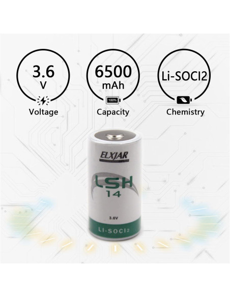 Batería de Litio Cloruro de Tionilo elxjar LSH14 3.6V 6.5Ah 2-Pack