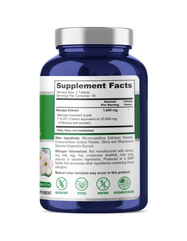 Extracto de Bacopa Monnieri NusaPure 20,000 mg 180 tabletas