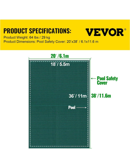 Cubierta de Seguridad para Piscina VEVOR 5.49x10.97m Verde