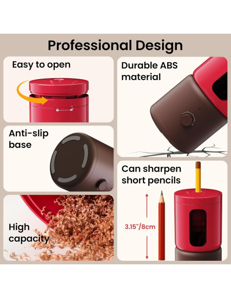 Sacapuntas Eléctrico VUSIGN Rojo 5 Modos Afilado Automático