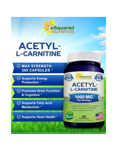 Acetil L-Carnitina 1000mg aSquared Nutrition - 200 Cápsulas Veganas