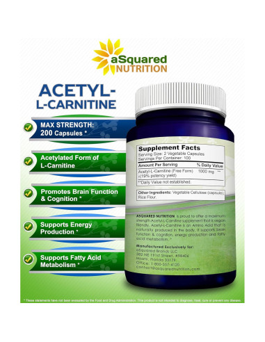 Acetil L-Carnitina 1000mg aSquared Nutrition - 200 Cápsulas Veganas