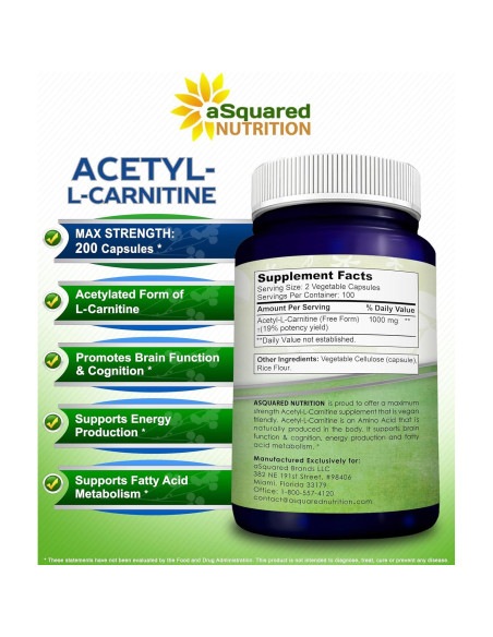Acetil L-Carnitina 1000mg aSquared Nutrition - 200 Cápsulas Veganas
