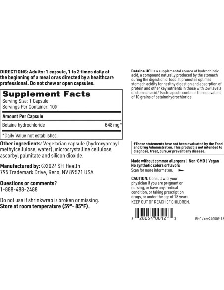 Suplemento Hipoalergénico Klaire Labs Betaína HCl 648mg 100 Cápsulas