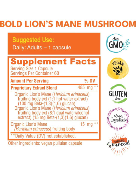 Cápsulas Veganas Hongo Melena de León Bold Botanica 60 Unidades