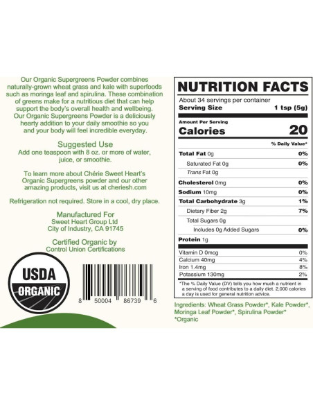 Polvo de Supergreens Orgánico Chérie Corazón Dulce 170 g