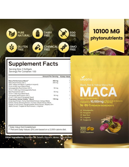 Cápsulas de Raíz de Maca VivoNu 300 Gelatinas 10100mg 100 Días