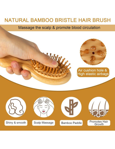 2 Cepillos de Pelo de Bambú SIMPOR Mini Portátiles 15.5cm