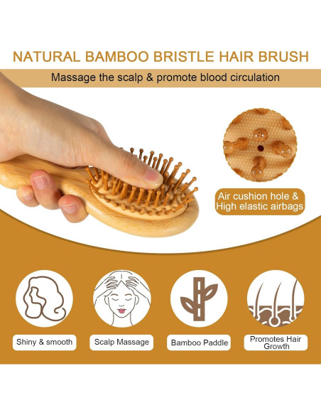 2 Cepillos de Pelo de Bambú SIMPOR Mini Portátiles 15.5cm