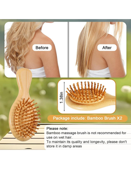 2 Cepillos de Pelo de Bambú SIMPOR Mini Portátiles 15.5cm
