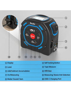 Cinta Métrica Láser 2-en-1 Bauihr 40m + 5m Pantalla LCD 2