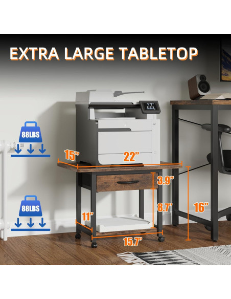 Soporte de Impresora Grande YAOHUOO 2 Niveles con Cajón Marrón