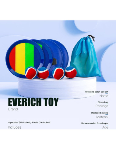 Juego de Lanzar y Atrapar EVERICH 4 Palas y 4 Pelotas