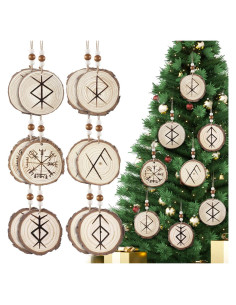 12 Adornos Rúnicos Vikingos Thyle de Madera para Yule