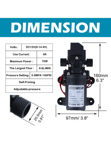 Bomba Pulverizadora 12V DIANQI 70W 6L/min Autocebante