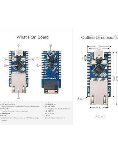 Placa de Desarrollo Waveshare RP2350 ETH, 14 Pines GPIO, 4.6x2.1 cm