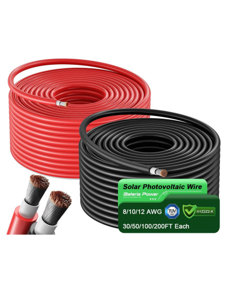 Cable de Extensión Solar 10AWG 100Ft Batería Power Negro y Rojo