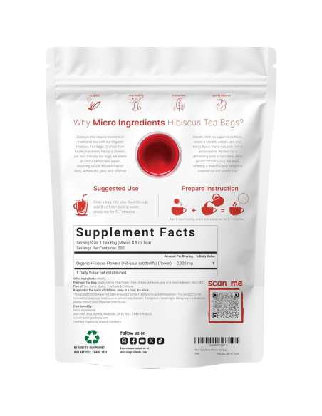 Té de Hibisco Orgánico Micro Ingredients 200 Bolsitas 396g