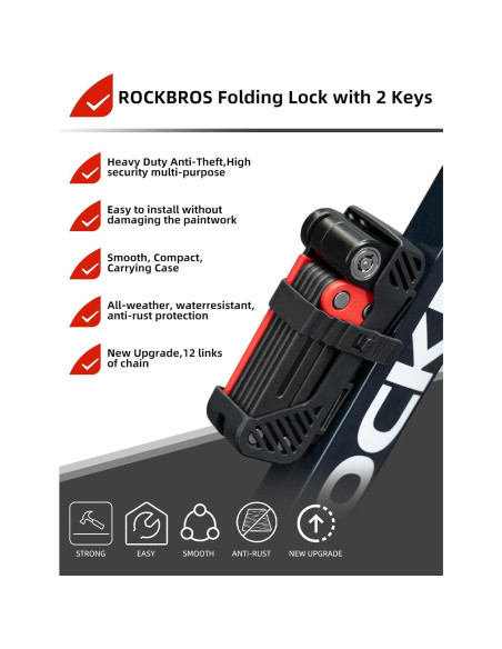 Candado Plegable para Bicicleta ROCKBROS 120cm Rojo con 2 Llaves