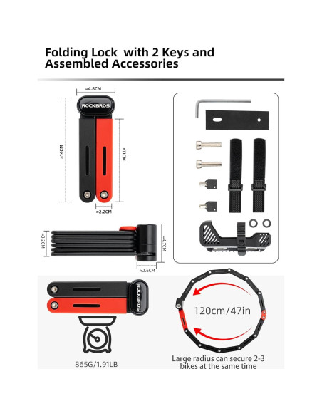 Candado Plegable para Bicicleta ROCKBROS 120cm Rojo con 2 Llaves