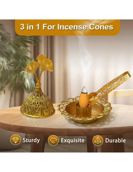 Soporte de Incienso Majewel Ginkgo Ovalado de Latón 3 en 1