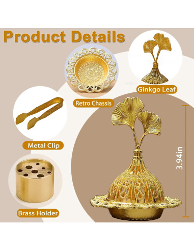 Soporte de Incienso Majewel Ginkgo Ovalado de Latón 3 en 1