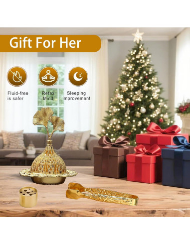 Soporte de Incienso Majewel Ginkgo Ovalado de Latón 3 en 1