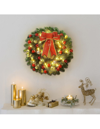 Corona de Navidad Iluminada 40 cm Juegoal con Lazo Rojo