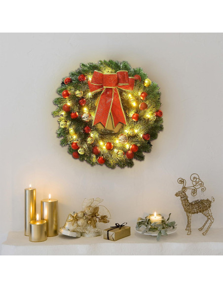 Corona de Navidad Iluminada 40 cm Juegoal con Lazo Rojo