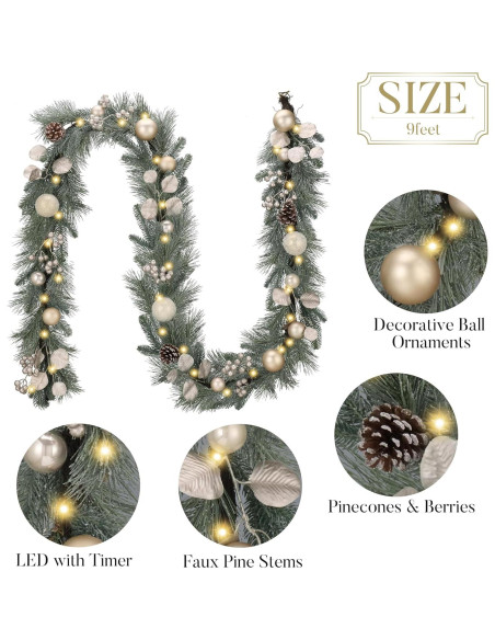 Guirnalda Navideña Preiluminada Valery Madelyn 2.74 m con Bolas