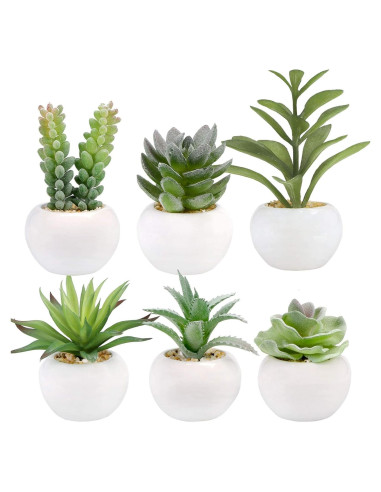 Juego de 6 Plantas Suculentas Artificiales GREENTIME en Macetas Cerámicas Blancas