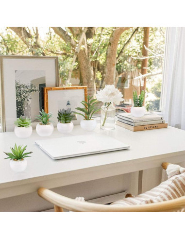 Juego de 6 Plantas Suculentas Artificiales GREENTIME en Macetas Cerámicas Blancas