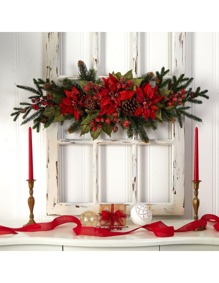 Centro de Mesa Navideño Poinsettia y Baya Nearly Natural
