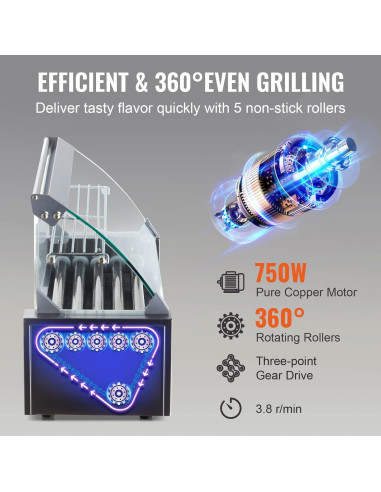 Rodillo de Perros Calientes VEVOR 5 Rodillos 750W Acero Inoxidable