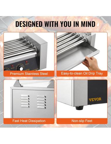 Rodillo de Perros Calientes VEVOR 5 Rodillos 750W Acero Inoxidable