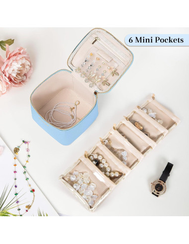 Caja de Joyería de Viaje FREEAMG Azul Bebé 6 Compartimentos